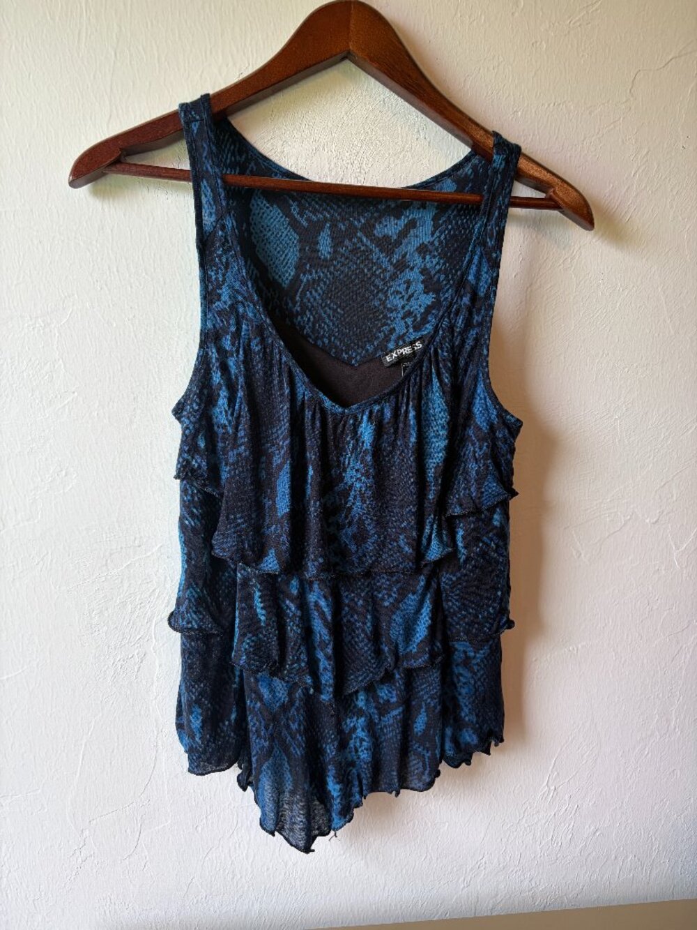 Express Blue and Black Snakeskin Tiered Ruffle Tank Top